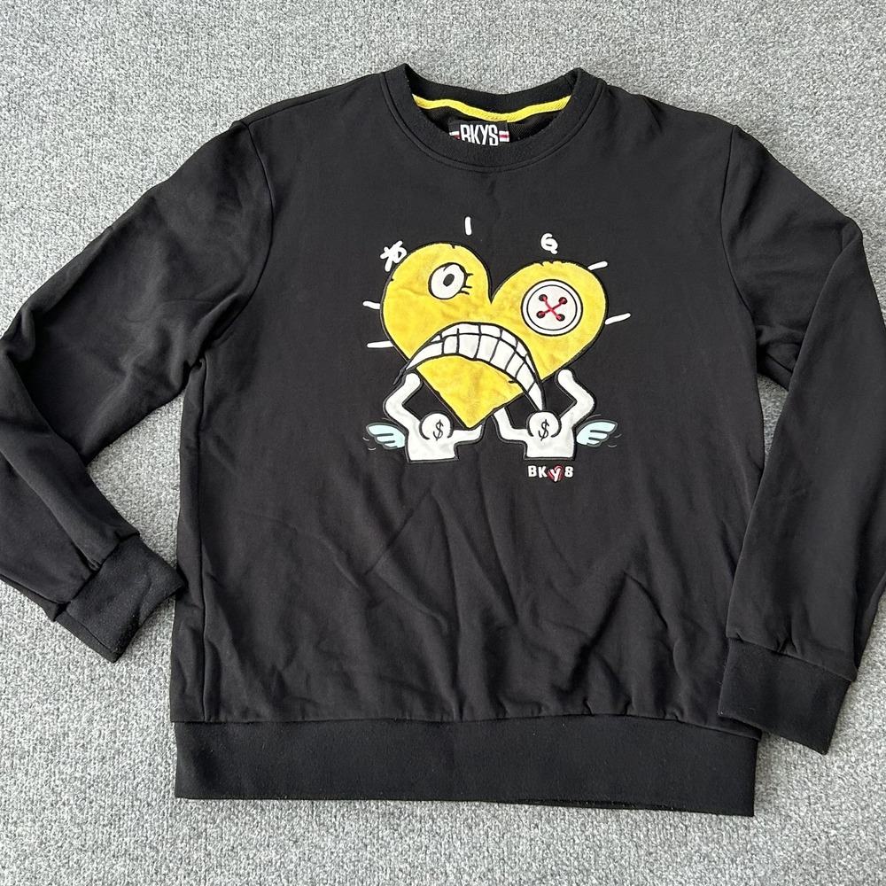 BKYS Sweatshirt Mens Large Black Yellow Heart‎ Money Graphic Crewneck Pullover